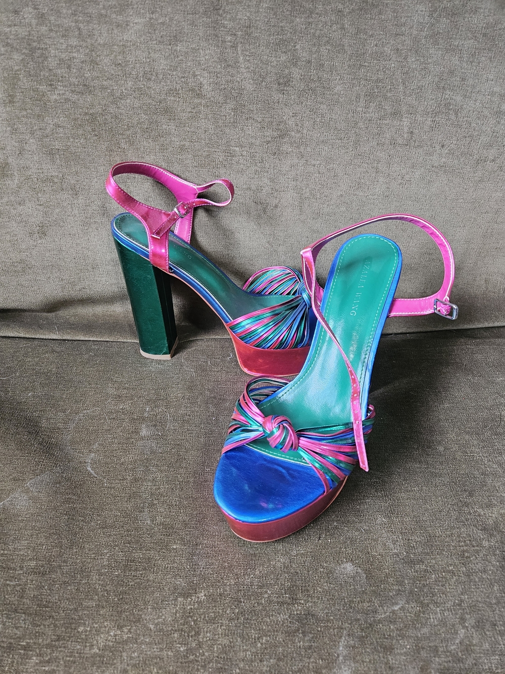 Pink/Jade Green/Blue Metallic Multi-Strap Platform High Heel Sandals - Picture 2 of 4